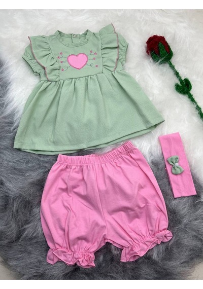 Kalp Nakışlı Bandanalı 3 Lü Bebek Tunik Yeşil