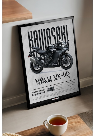 Kawasaki Ninja Zx-4r Siyah Ahşap Çerçeveli Poster, Motosiklet Duvar Tablosu