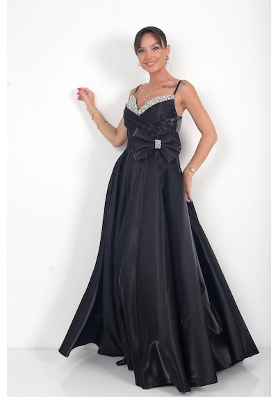 By Saygı Kadın İp Askılı Yaka Taş Detaylı Drapeli Beli Fiyonklu Astarlı Tafta Saten Uzun Elbise Siyah By Saygı Kadın İp Askılı Yaka Taş Detaylı Drapeli Beli Fiyonklu Astarlı Tafta Saten Uzun Elbise Siyah