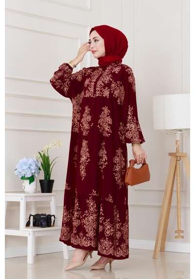 Sevitli Yarım Düğmeli Robalı Zülal Elbise-bordo-5208