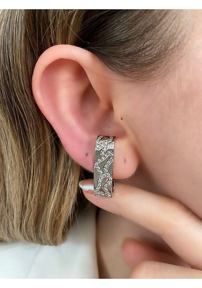 Pinery Jewels Vıp Seri - Kulağa Geçmeli Zirkon Taşlı Kalın Tekli Küpe Altın