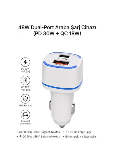Wiks 48w Süper Hızlı Araç Şarj Cihazı - Pd 30w & Qc 18w Çift Girişli Usb Adaptör