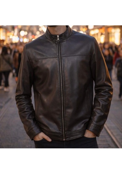 Viamod Leather Erkek Kahverengi Hakim Yaka Deri Mont Ceket 8608 Acı Kahverengi