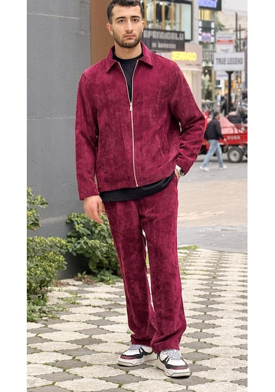 Rocqerx X-3002 Fermurlı Astarlı Ceket Bel Lastikli Pantolon Fitilli Kadife Takım Bordo
