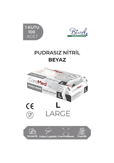 Nitril Beyaz Muayene Eldiveni L - 1 Paket 100 Lü
