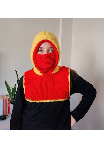 Kemzey Handmade El Yapımı Balaklava, Örgü Şapkalı Boyunluk , Yünlü Şapka Sarı - Kırmızı