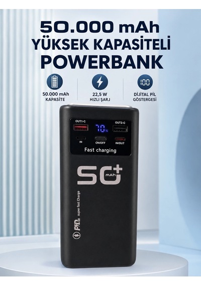 50.000 Mah Taşınabilir Powerbank 22,5 W Hızlı Şarj 4 Dahili Şarj Kablosu Dijital Ekran Led Aydınlatm
