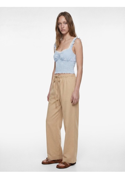 Koton Geniş Yaka Kolsuz Fırfırlı Gipeli Crop Bluz Mavi Ekose 6sal60016ıw