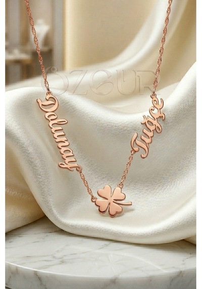 925 Ayar Gümüş 2 İsimli Yonca Figürlü Kolye Rose Gold