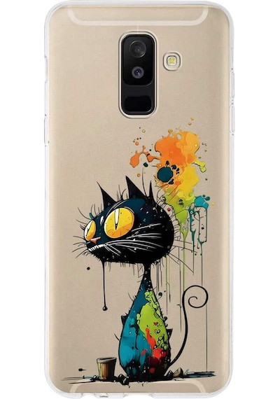 Samsung Galaxy A6 Plus 2018 İle Uyumlu Splash Kedi Tasarımlı Şeffaf Silikon Kılıf Şeffaf