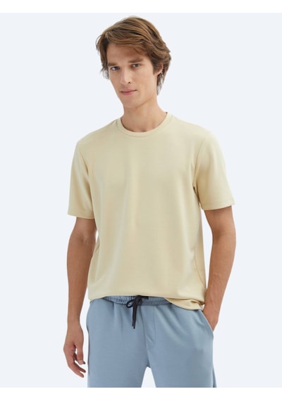 Kip Açık Sarı Düz Bisiklet Yaka T-shirt Açık Sarı