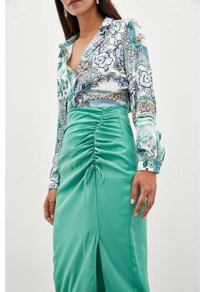 Sateen Büzgü Detaylı Saten Etek - Mint Mint Yeşili