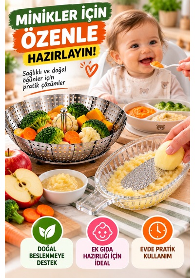 2'li Ek Gıda Seti Buharda Sebze Pişirme Aparatı Ve Cam Elma Rendesi Bebek Meyve Püresi Hazırlama Set