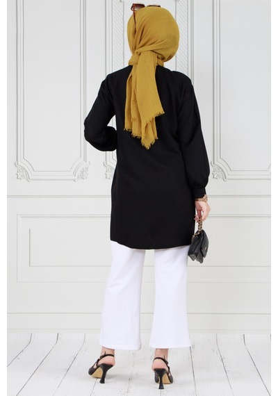 Sevitli Kapağı Taş Detaylı Tunik-siyah-3568-siyah Siyah
