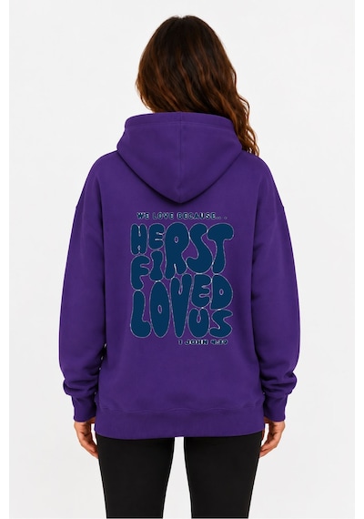 Herkesemoda First Love Arka Baskılı Kapüşonlu 2 İplik Şardonlu Sweatshirt Mor