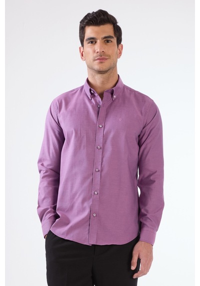Dufy Koyu Lila Erkek Slim Fit Düz Brent Düğmeli Yaka Uzun Kol Gömlek - 102469 Koyu Lila