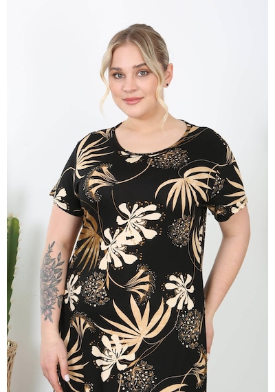 Mooi Xxl Kadın Siyah Vizon Floral Desen Midi Elbise Siyah