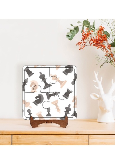 Bk Gift Satranç Taşları Tasarımlı Ahşap Standlı Puzzle Çerçeve-1