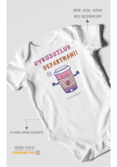 Uykusuzluk Departmanı Baskılı Bebek Zıbını Çıtçıtlı Body %100 Pamuk Kısa Kol Beyaz