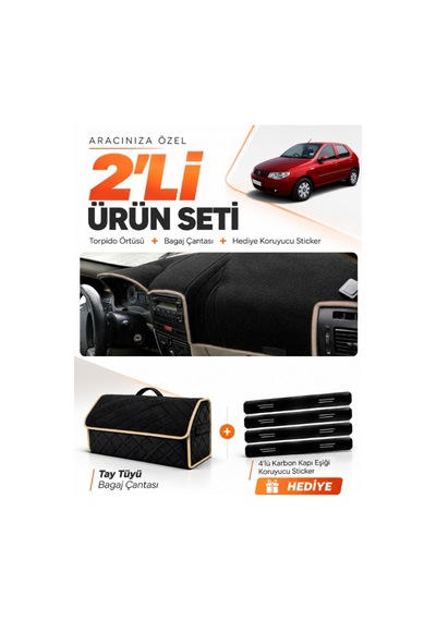 Fıat Palio 2005-2012 Uyumlu Torpido Örtüsü + Tay Tüyü Bagaj Çantası + Sticker Seti - Siyah Bej