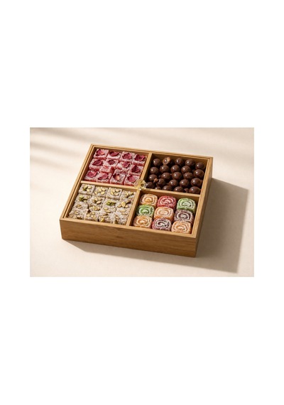 4 Bölmeli Ahşap Organizer,çerezlik,lokumluk,kahvaltılık,çay Poşeti,takı Kutusu,20x20 Cm,kulplu Kutu Bej