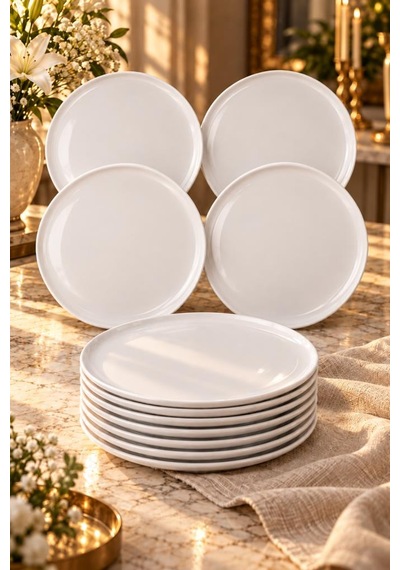 Atbyhome 12'li Beyaz Porselen Servis Tabağı Seti 26 Cm - Düz Kenar Büyük Boy Ana Yemek Ve Sunum Tabağı Takımı