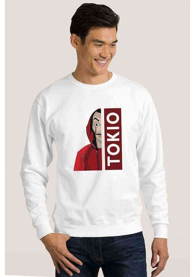 La Case De Papel Tokyo Tokio Baskılı Beyaz Erkek Sweatshirt (534635248)