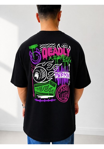 525 Oversize Sırt Baskılı Streetwear Unisex T-shirt Deadly Siyah