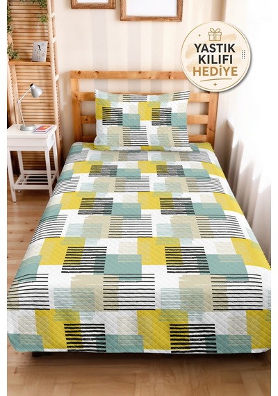 Geometrik Sarı Genç Odası Tek Kişilik Pike Takımı - Mint Çizgili 160x220 Cm Kapitone Yatak Örtüsü Ilık Amber Işıltısı