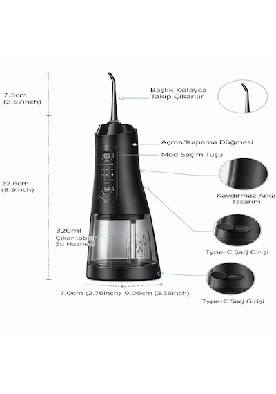 Şarjlı Ağız Duşu 320 Ml Su Hazneli 4 Modlu Ipx7 Su Geçirmez Taşınabilir Oral Irrigator 5 Başlıklı Type-c
