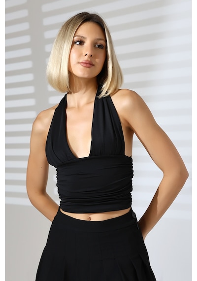 Winmoda34 Kadın Boyundan Bağlamalı Göğüs Ve Sırt Dekolteli Bluz siyah