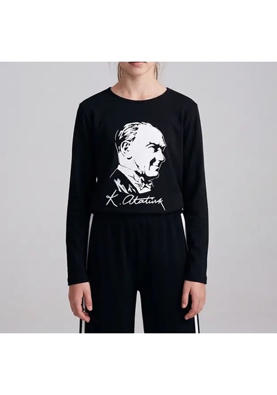 Hipatu Uzun Kollu Atatürk Baskılı Tişört Siyah