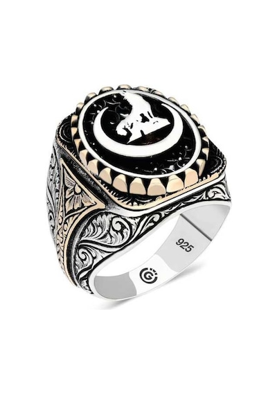 Gümüş Hilal Bozkurt Oval Erkek Yüzük - 555892577