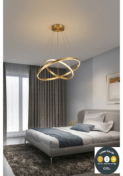 Luxury Gold 2'li İç İçe Geçmeli Halka Led Sarkıt Avize - 3 Renk Işıklı Modern Salon Mutfak Avizesi