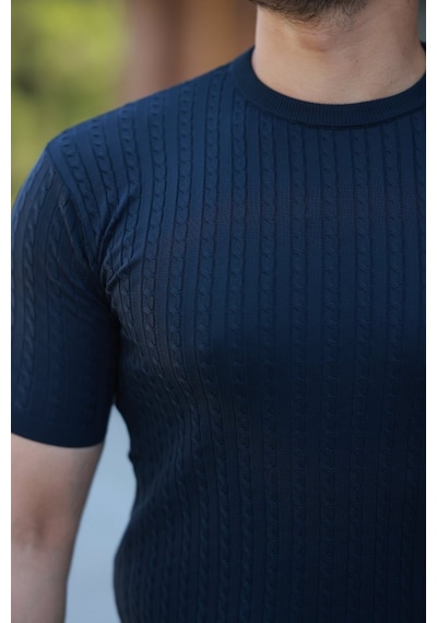 Erkek Bisiklet Yaka Örgü Desenli Kısa Örme Triko Kısa Kollu T-shirt Lacivert