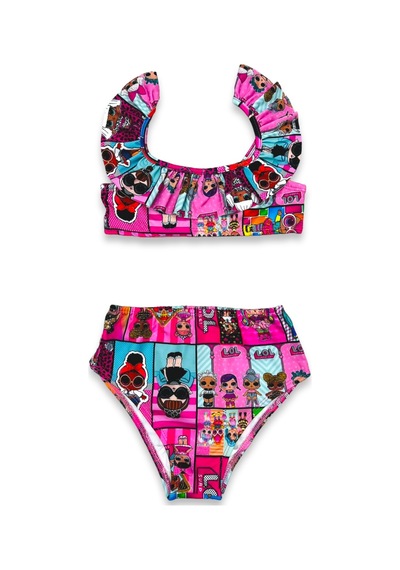 Lolliboomkids Kız Çocuk Sevilen Çizgi Karakterler Baskılı Yüksek Bel Fırfırlı Bikini Takımı Lol Çok Renkli