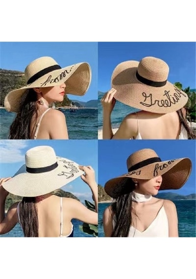 Reva Bej Nakışlı Hasır Şapka Hasır Çok Renkli
