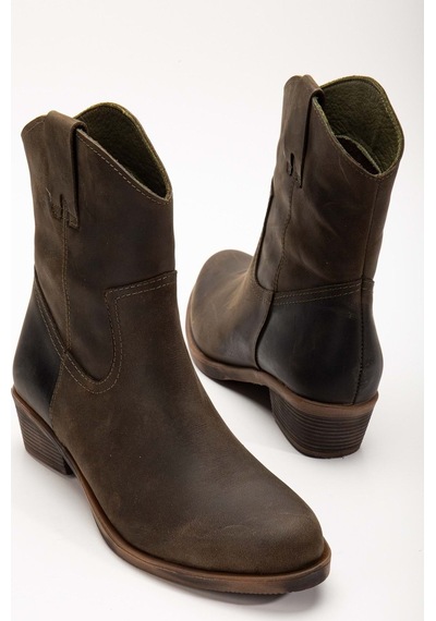 Analin Shoes Kadın Hakiki Deri Kovboy Bot Haki
