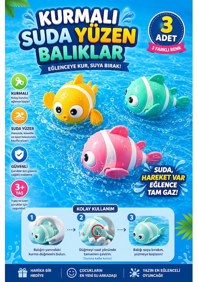Kurmalı Yüzen Balık Su Küvet Oyuncağı Bebek Banyo Eğlencesi 3 Adet