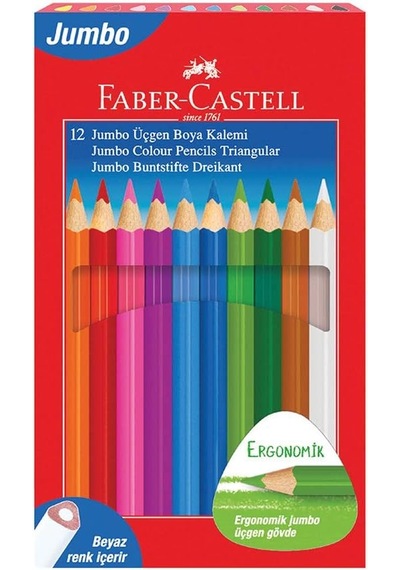 Faber-castell Jumbo Üçgen Boya Kalemi, 12 Renk, Ergonomik Gövde, Beyaz Renk İçerir, Kalın Uçlu, Canlı Ve Örtüc Genel