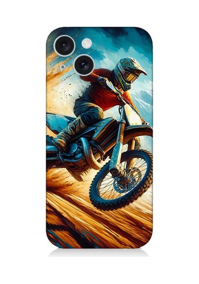 Apple iPhone 15 Plus Uyumlu Alevler Arasında Motosiklet Sıçrayışı Desenli Silikon Kılıf Çok Renkli