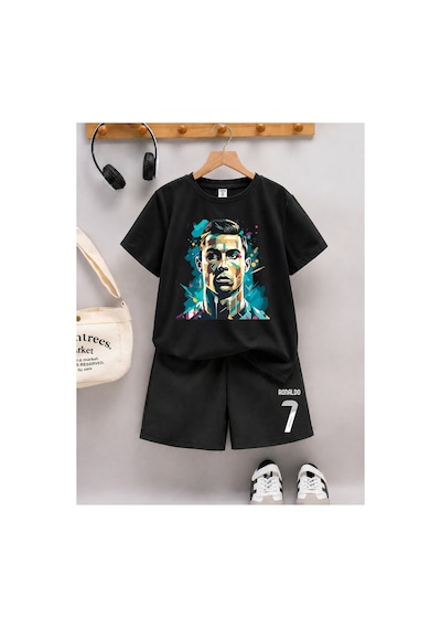 Stil-x Ronaldo Baskılı Erkek Çocuk Şort Takım Siyah1