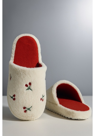 Stwenn Kadın Ev İçi Kürklü Sıcak Tutan Pofuduk Figürlü Panduf Kadın Ev Terliği Ses Yapmaz Hafif Yumuşak Taban Kiraz Beyaz