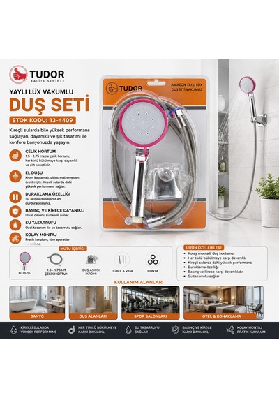 Krom Vakumlu Lüks Duş Seti - 150 Cm Metal Yaylı Hortum Sarı