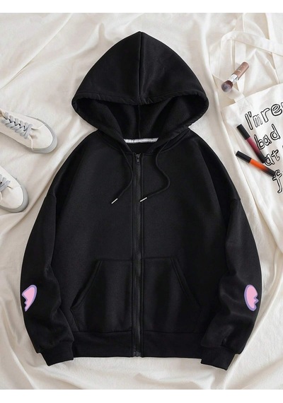 Startmore Bear And Heart Print Zip Up Lined Drawstring Hoodie Siyah Siyah