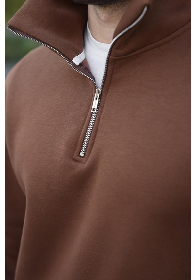 Madmext Kahverengi Fermuarlı Dik Yaka Kanguru Cep Erkek Sweatshirt E7159 Kahverengi