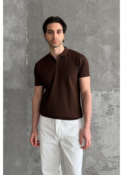 Erkek Petek Desen Polo Yaka Triko T-shirt Kahverengi