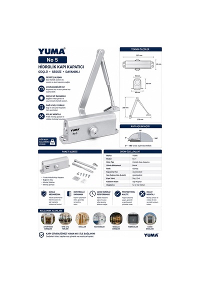 Yuma No5 Hidrolik Kapı Yayı Ayarlanabilir Kapı Kapatıcı Güçlü Ve Sessiz Mekanizma 1 Adet Kapı Hidroliği