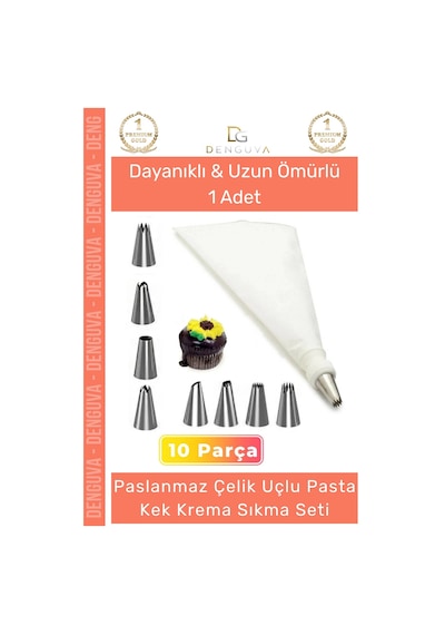 Krematorbası Paslanmaz Çelik Pasta Cupcake Uçlu Tasarım Süsleme Torbası Krema Sıkma Seti 10 Parça Çok Renkli