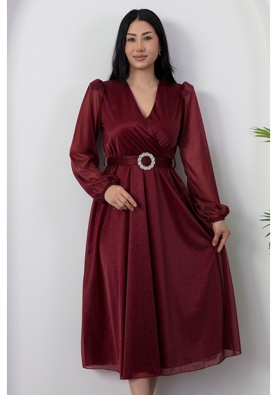 Kalopya Kruze Yaka Simli Tül Elbise Grs3590 Bordo